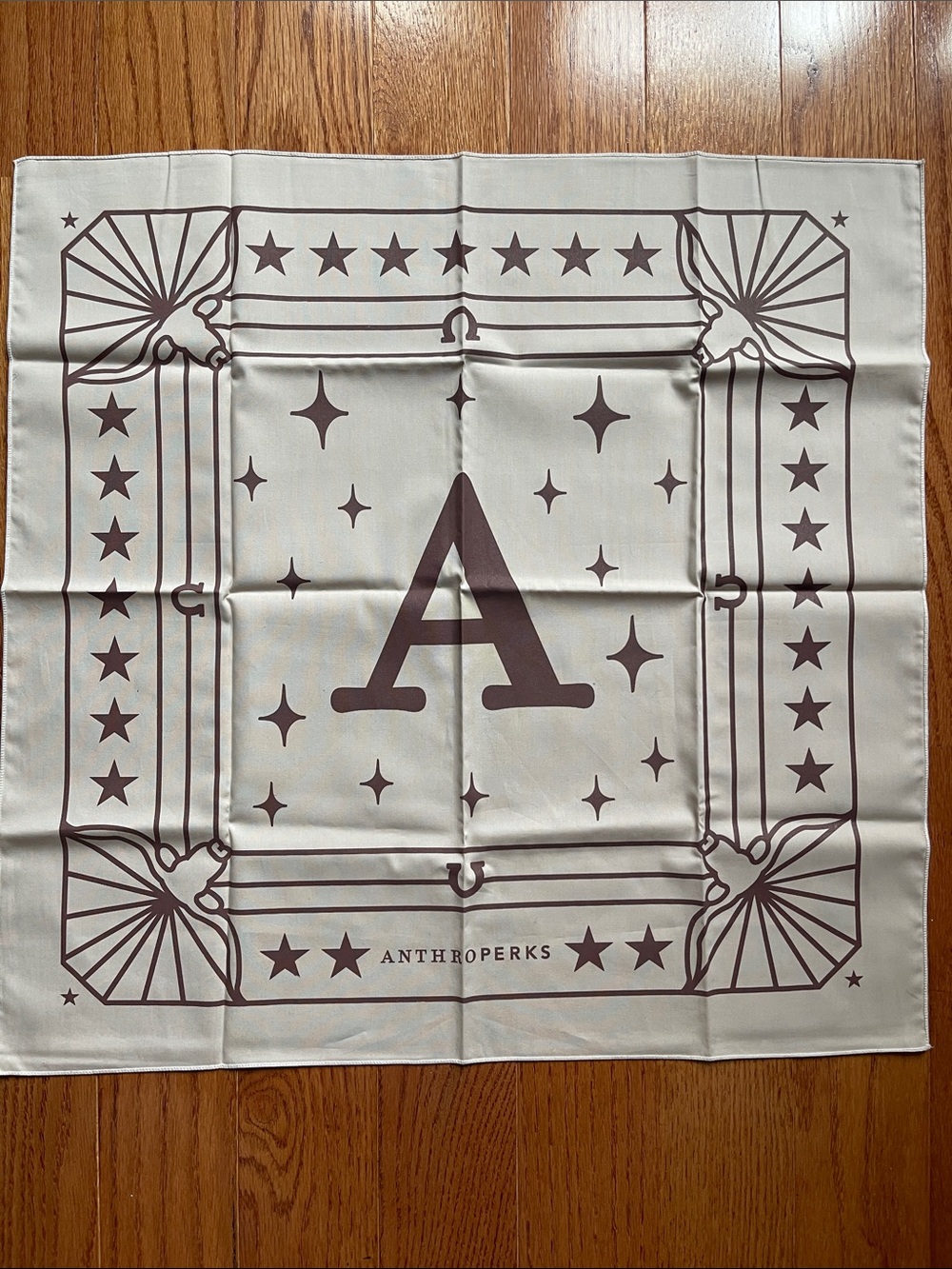 Anthropologie Cream Handkerchief Scarf with Brown 'A' Monogram